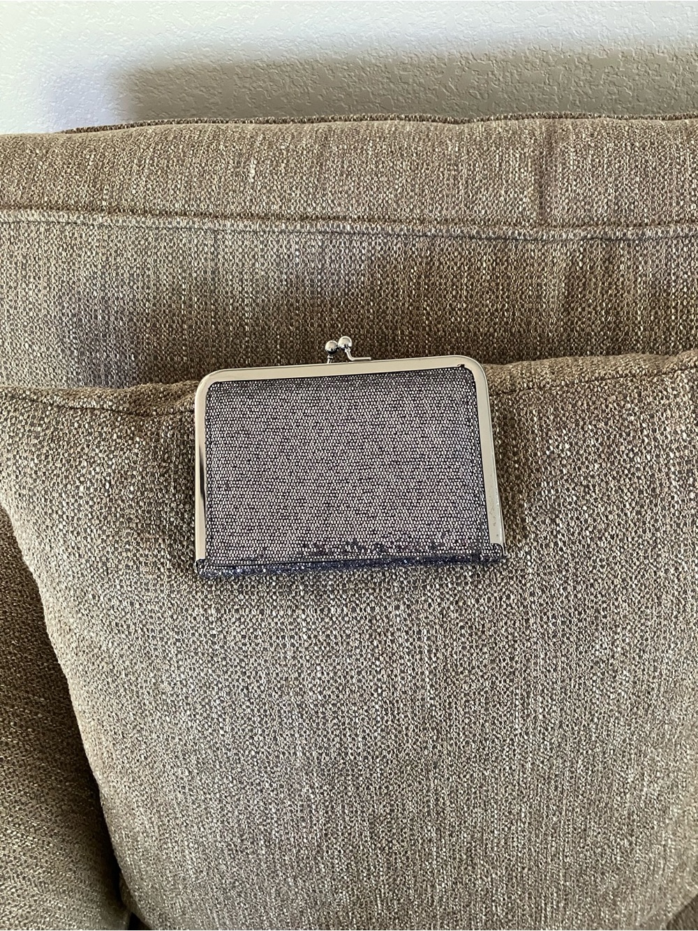Gray Fabric Coin & Card Holder with Silver Frame